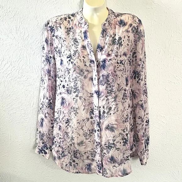 Kut from the Kloth Jasmine Pink Blue Floral Semi-Sheer Button Roll-Tab Blouse XS - Picture 7 of 10